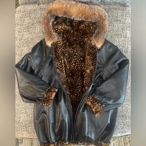Women's Black Leather Jacket with Rabbit Fur Lining Reversible